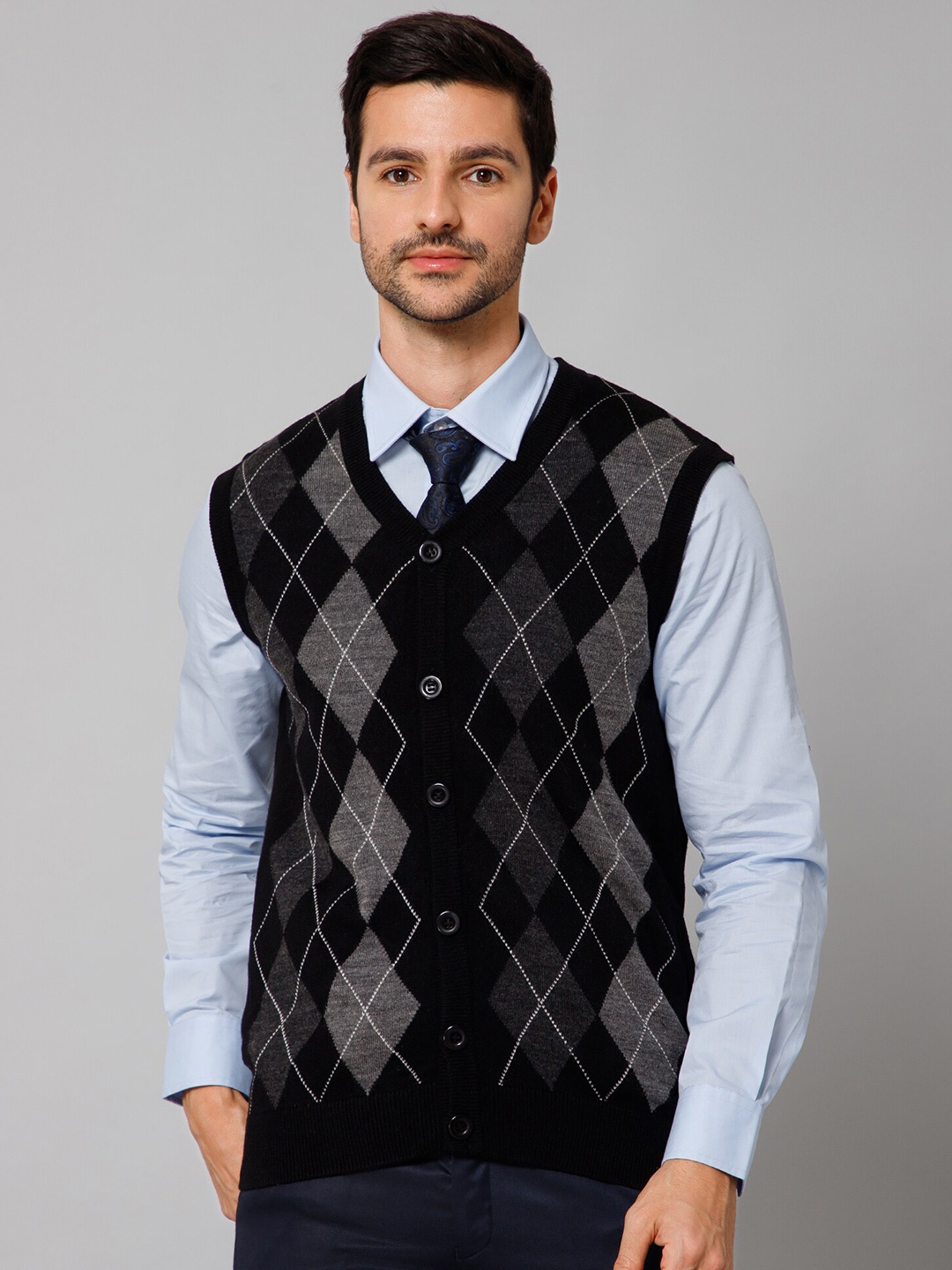 

Cantabil Printed Sleeveless Acrylic Sweater Vest, Black