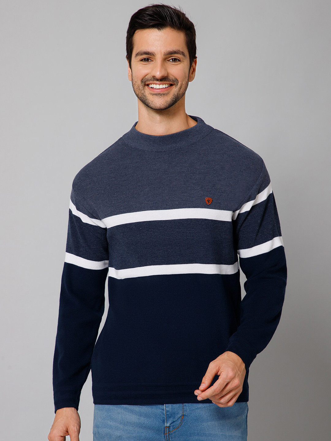 

Cantabil Striped Round Neck Cotton Sweater, Navy blue