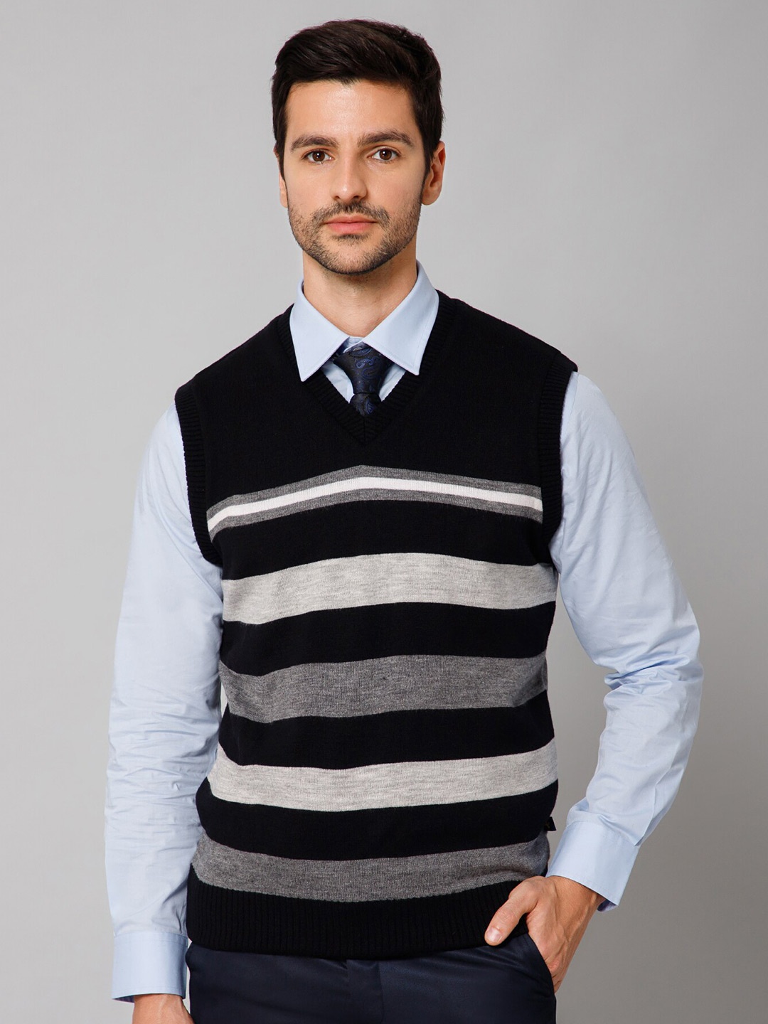 

Cantabil V-Neck Striped Reversible Acrylic Sweater Vest, Black
