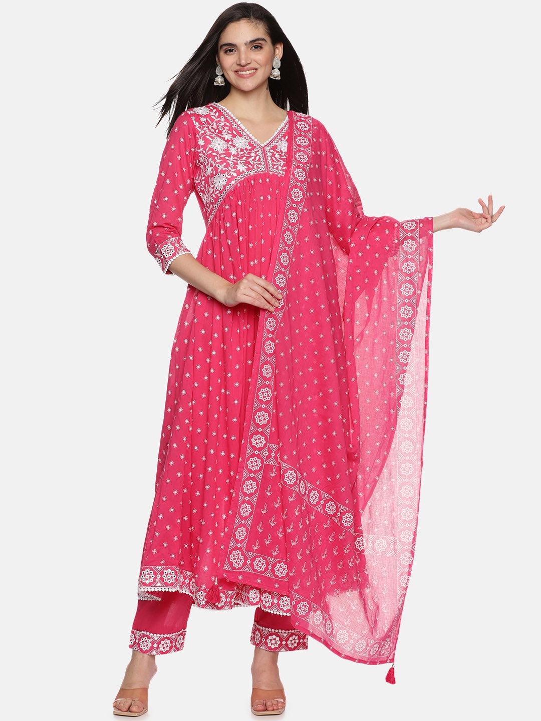 

Palakh Floral Embroidered Pleated Pure Cotton Kurta With Trousers & Dupatta, Pink
