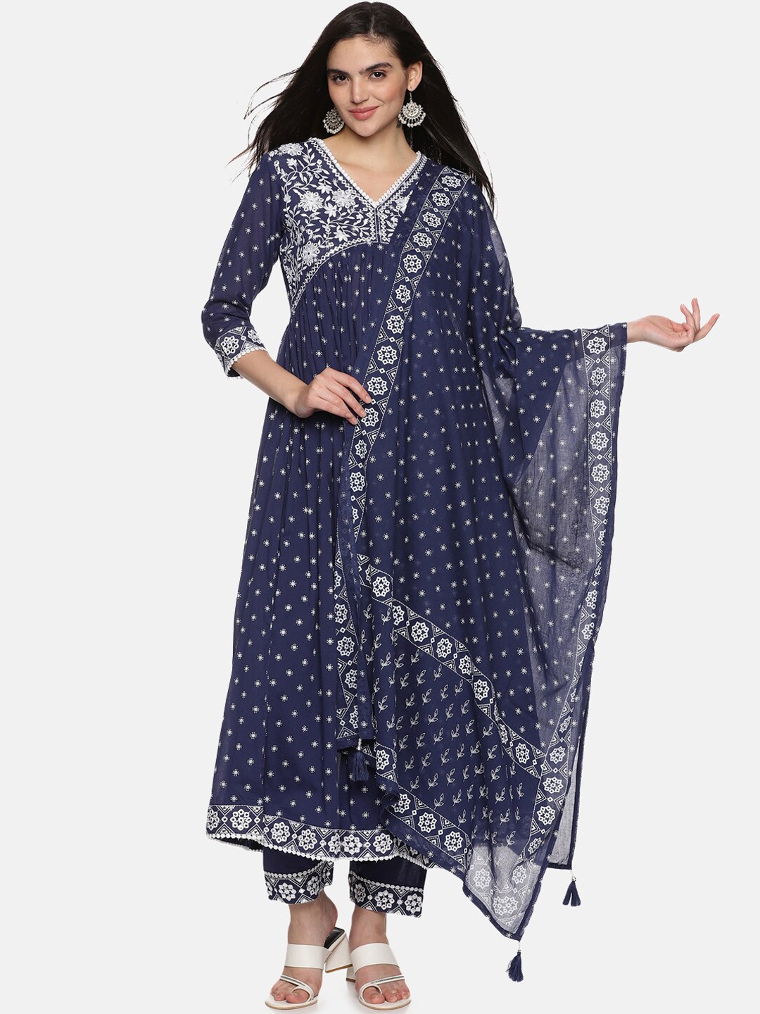 

Palakh Floral Embroidered Pleated Pure Cotton Kurta With Trousers & Dupatta, Navy blue