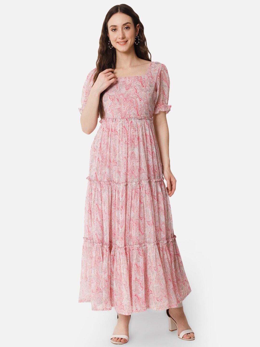 

BAESD Abstract Printed Square Neck Puffed Sleeves Georgette Fit and Flare Maxi Dress, Pink