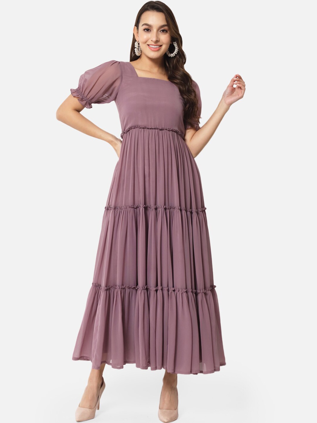 

BAESD Square Neck Puff Sleeves Gathered Detailed Tiered Maxi Dress, Purple