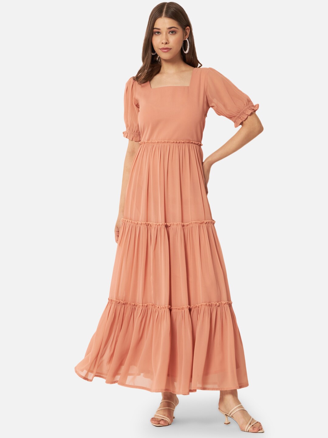 

BAESD Square Neck Puff Sleeves Gathered Detailed Tiered Maxi Dress, Peach