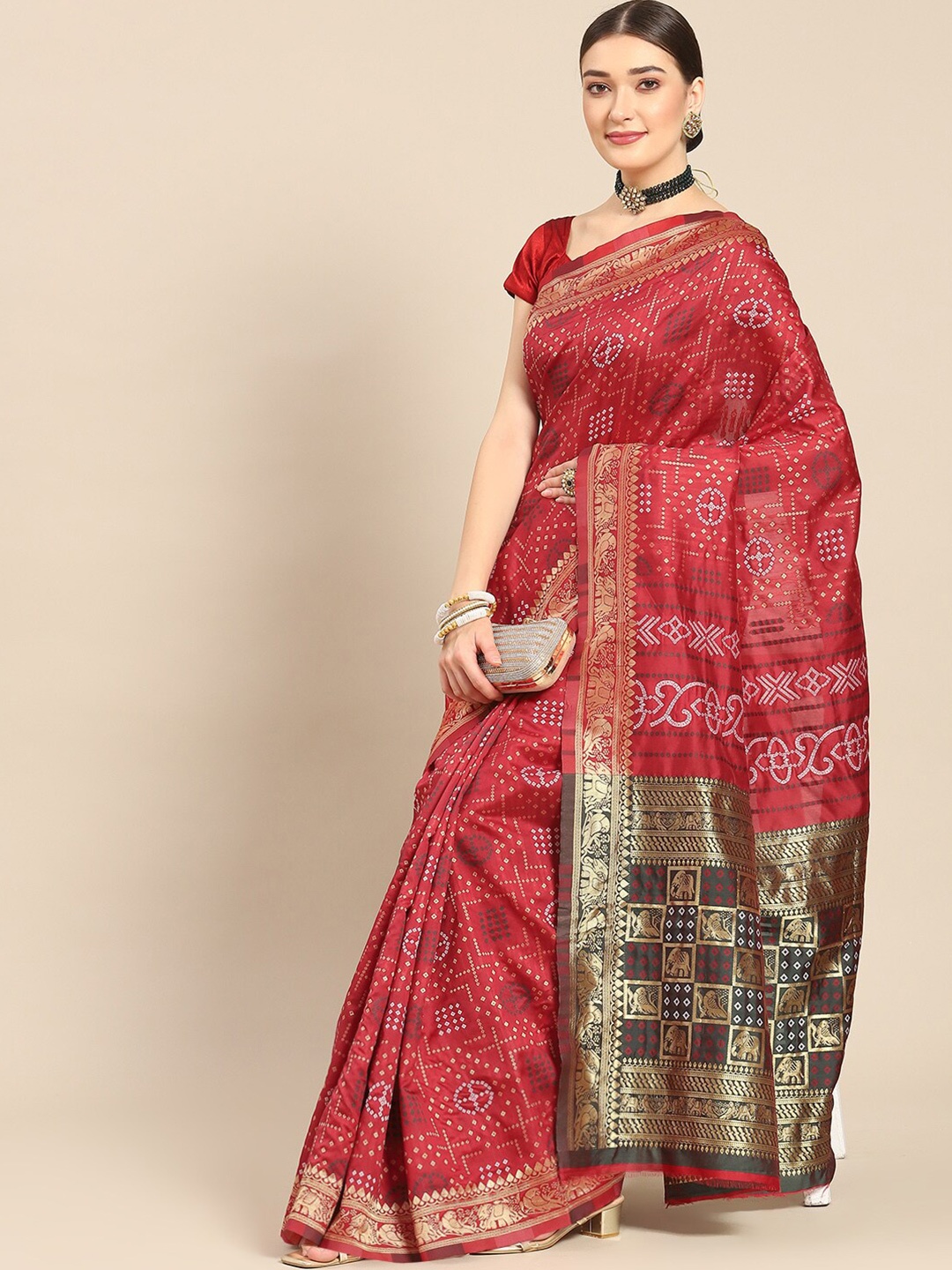 

all about you Bandhani Woven Design Zari Silk Blend Kanjeevaram Saree, Pink