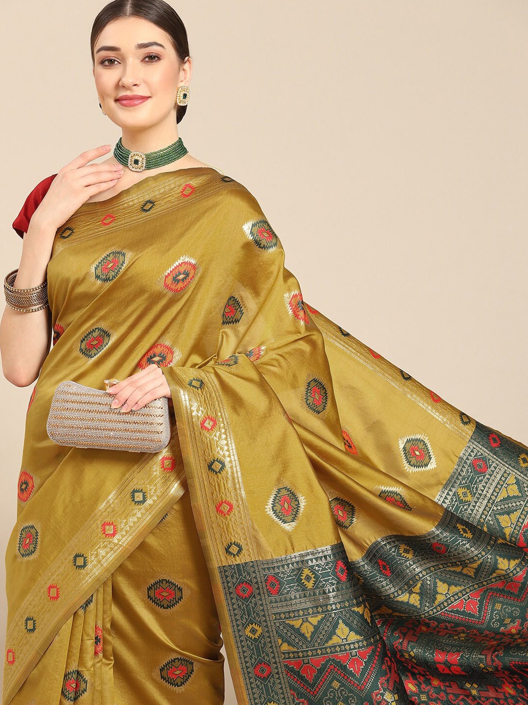 

all about you Ethnic Motifs Woven Design Zari Silk Blend Kanjeevaram Saree, Mustard