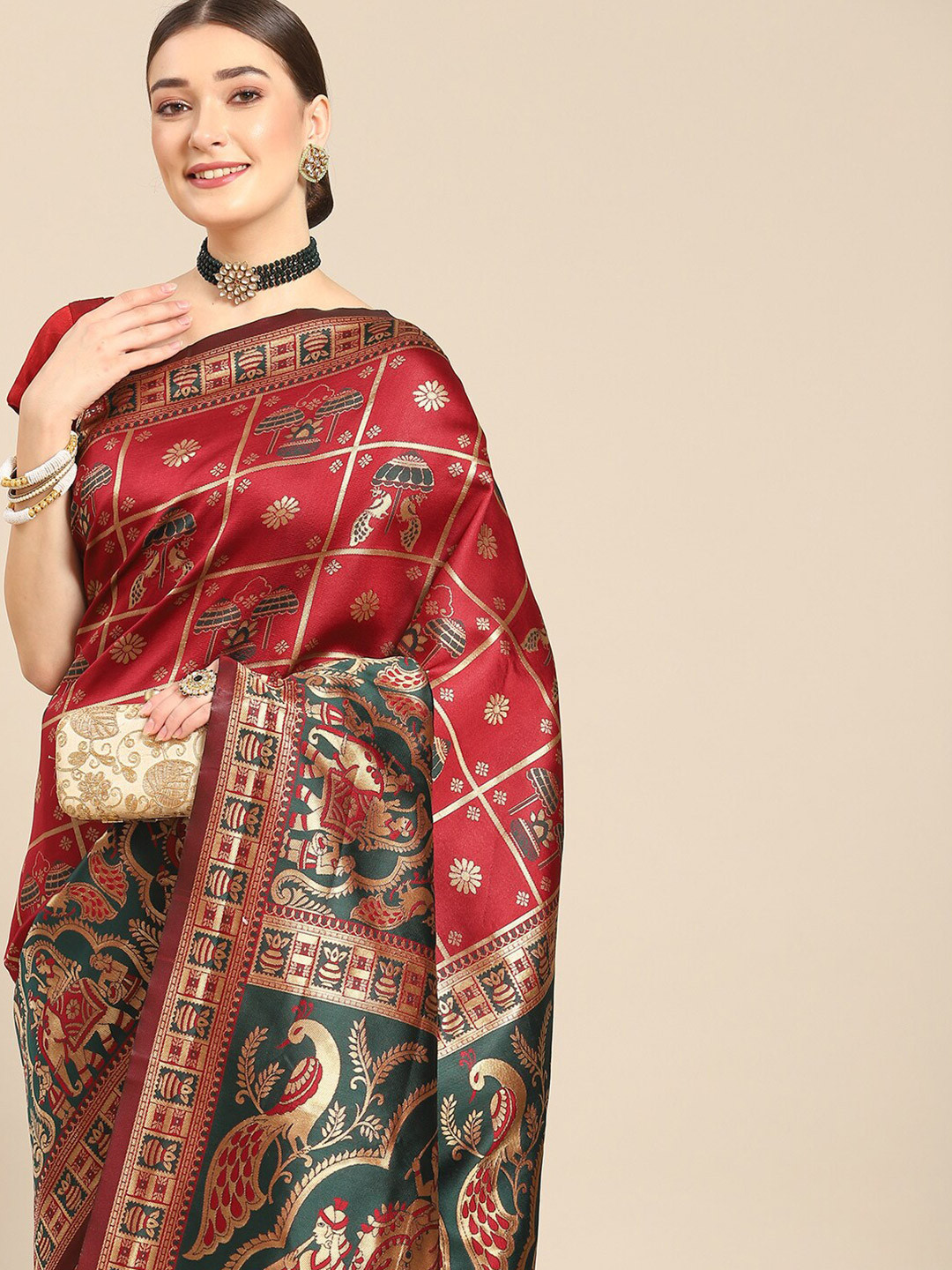 

all about you Ethnic Motifs Woven Design Zari Silk Blend Kanjeevaram Saree, Maroon