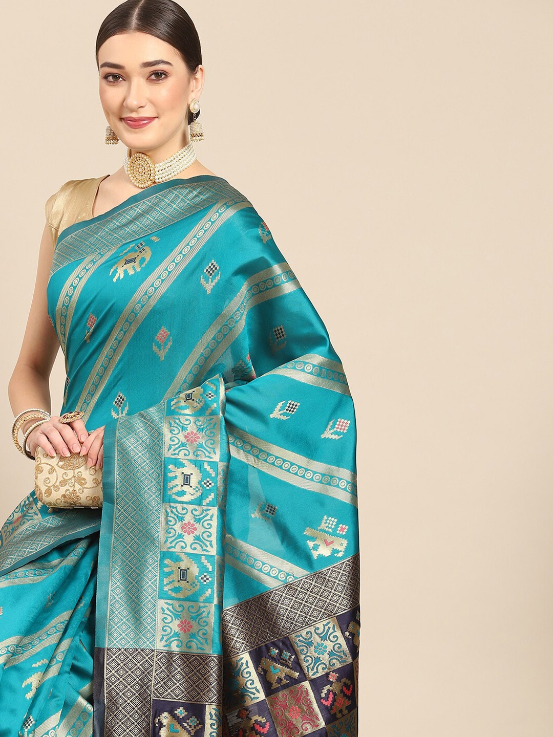 

all about you Ethnic Motifs Woven Design Zari Silk Blend Kanjeevaram Saree, Turquoise blue