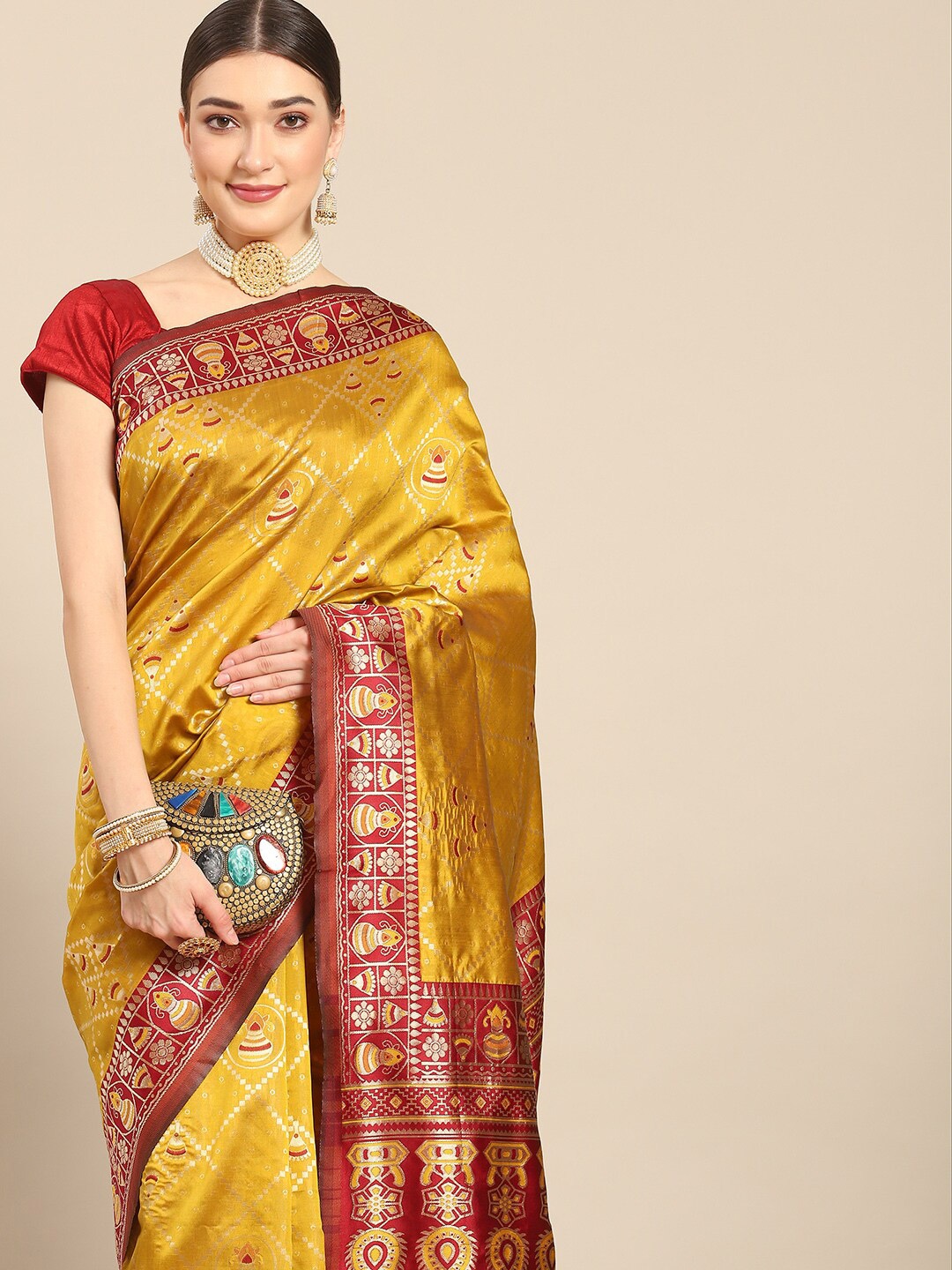 

all about you Ethnic Motifs Design Zari Silk Blend Kanjeevaram Saree, Yellow