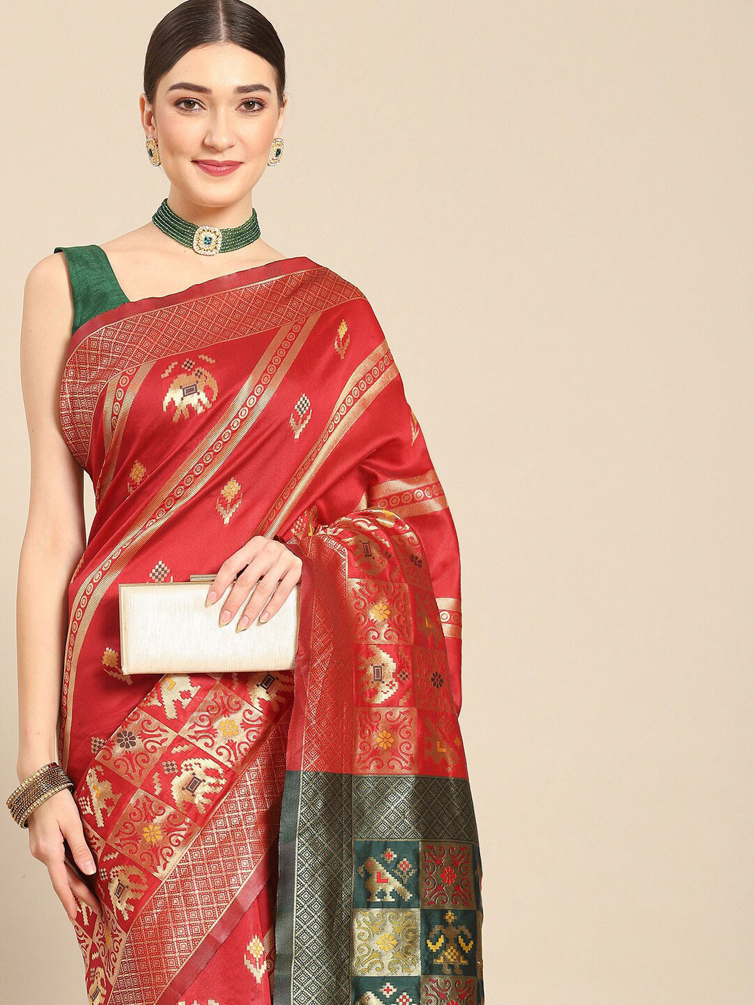 

all about you Ethnic Motifs Woven Design Zari Silk Blend Kanjeevaram Saree, Red