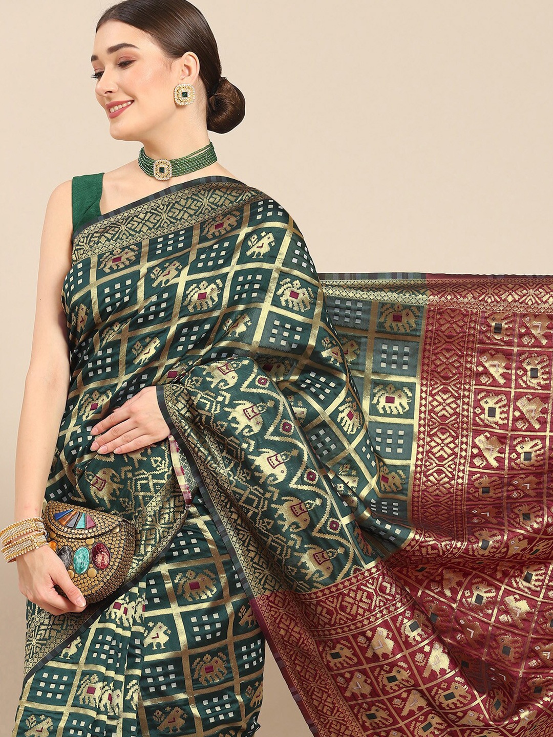 

all about you Ethnic Motifs Woven Design Zari Silk Blend Kanjeevaram Saree, Green