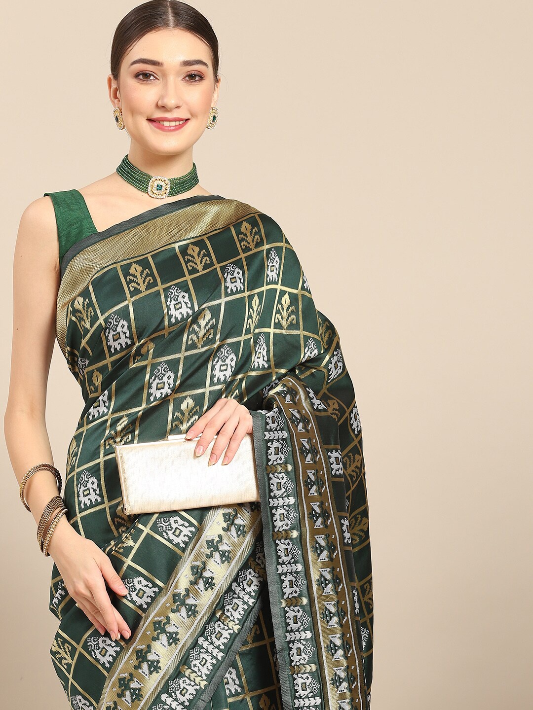 

all about you Ethnic Motifs Woven Design Zari Silk Blend Kanjeevaram Saree, Green