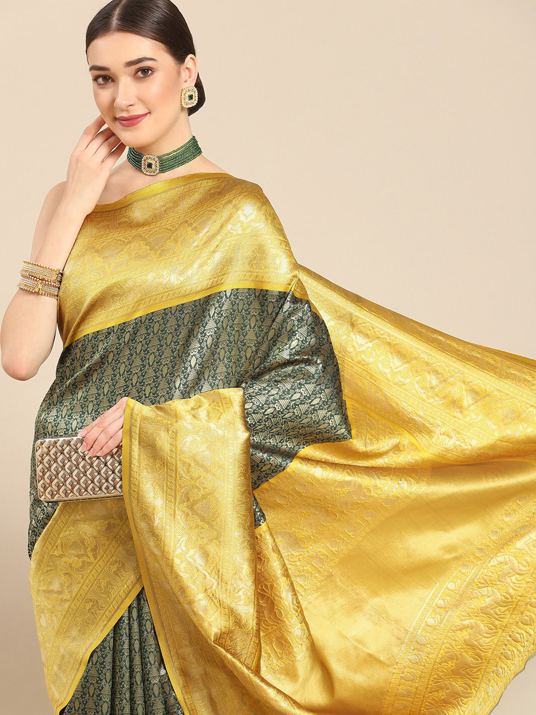 

all about you Ethnic Motifs Woven Design Zari Silk Blend Kanjeevaram Saree, Mustard