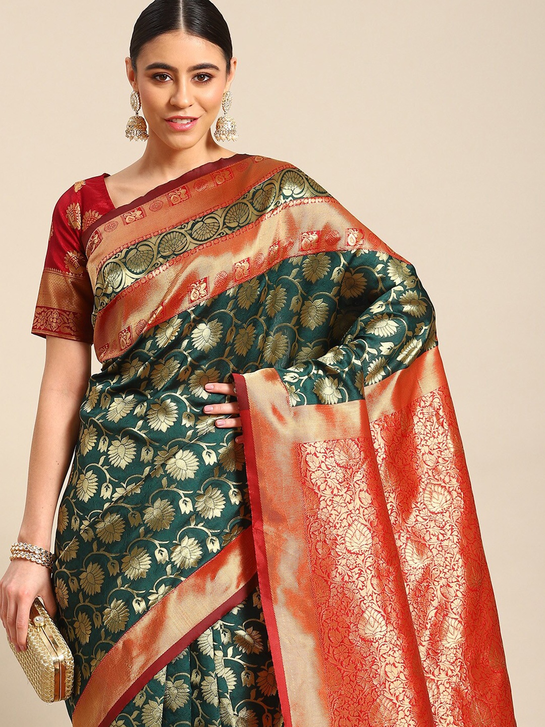 

all about you Ethnic Motifs Woven Design Zari Silk Blend Kanjeevaram Saree, Green