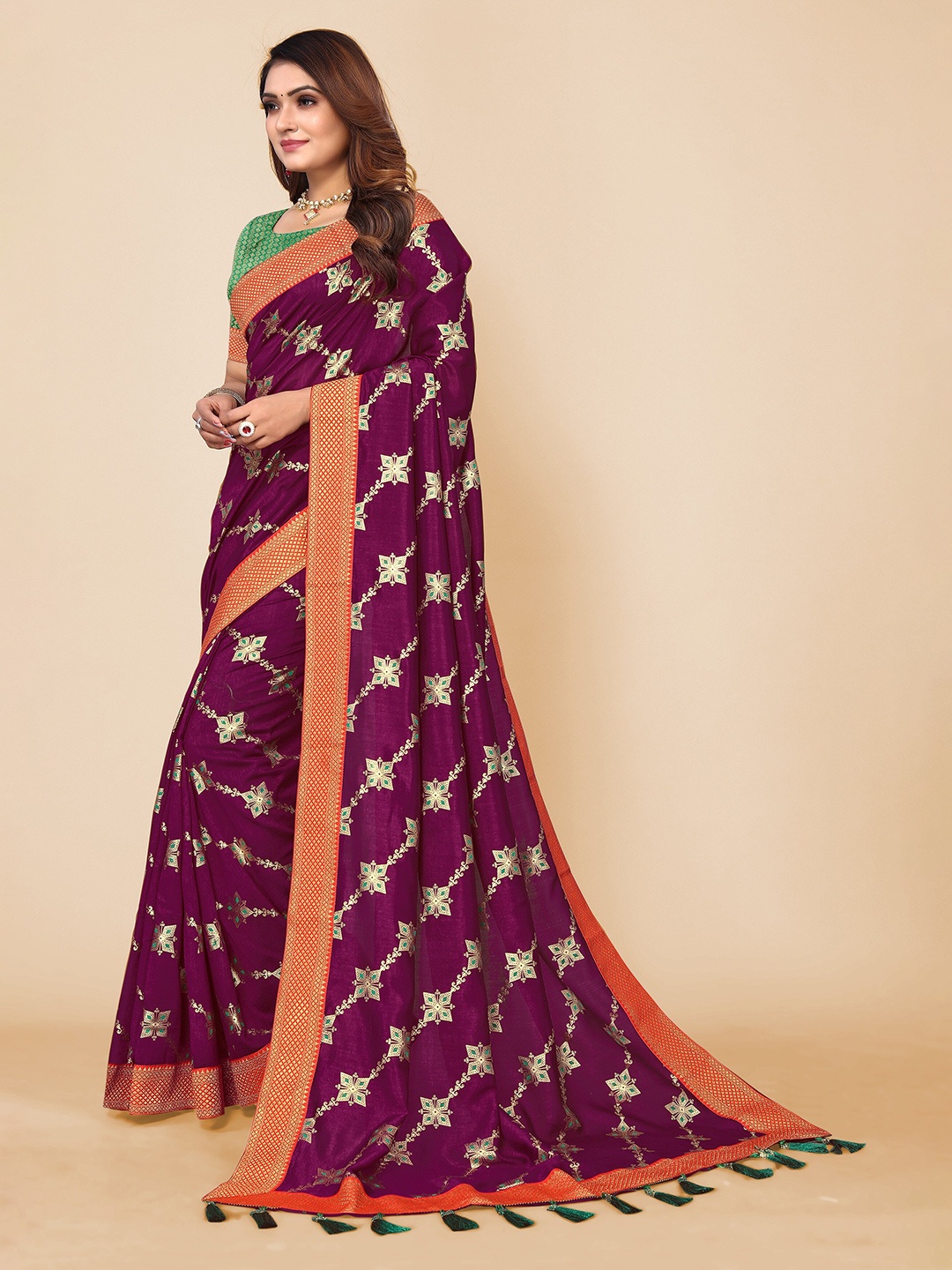 

all about you Ethnic Motifs Woven Design Zari Pure Silk Saree, Purple