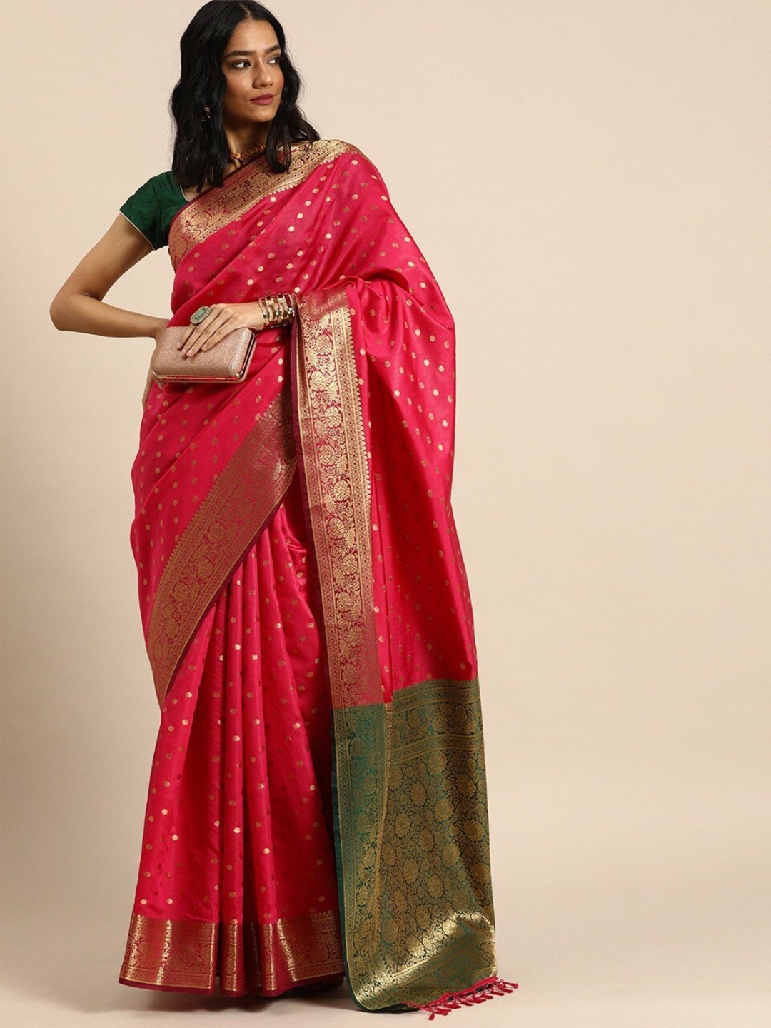 

all about you Polka Dot Woven Design Zari Silk Blend Saree, Pink