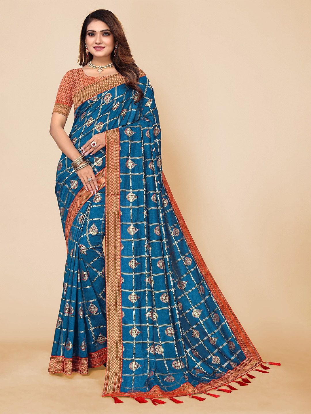 

all about you Ethnic Motifs Woven Design Pure Silk Saree, Navy blue