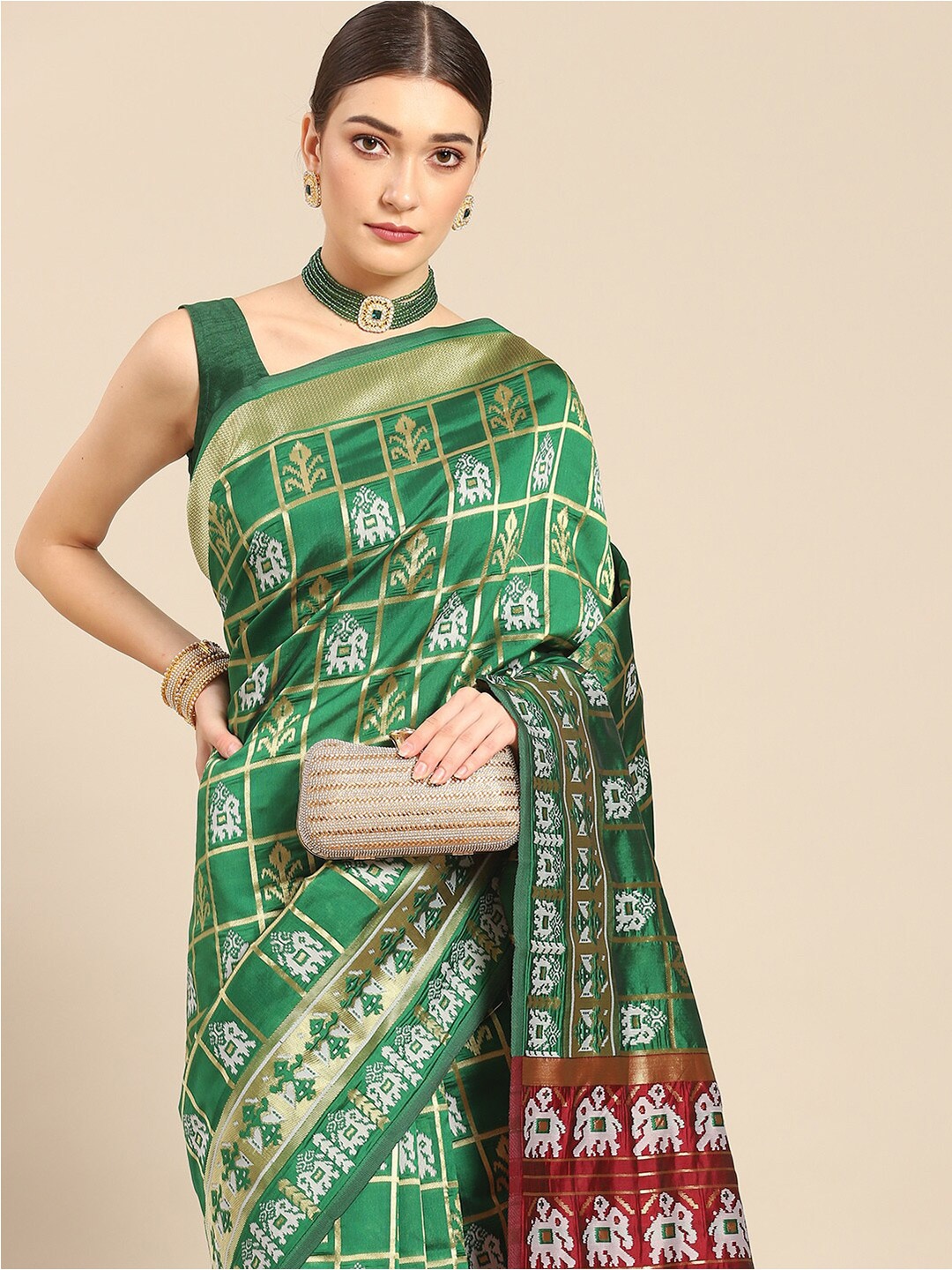 

all about you Ethnic Motifs Woven Design Zari Silk Blend Kanjeevaram Saree, Green