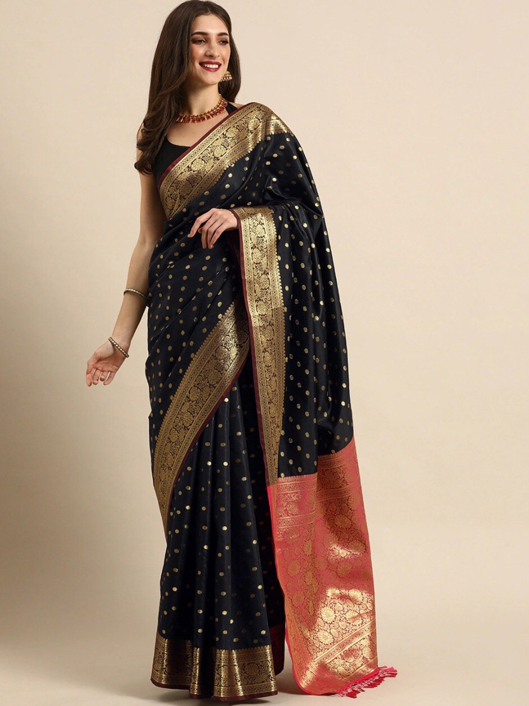 

all about you Black Ethnic Motifs Woven Design Zari Saree