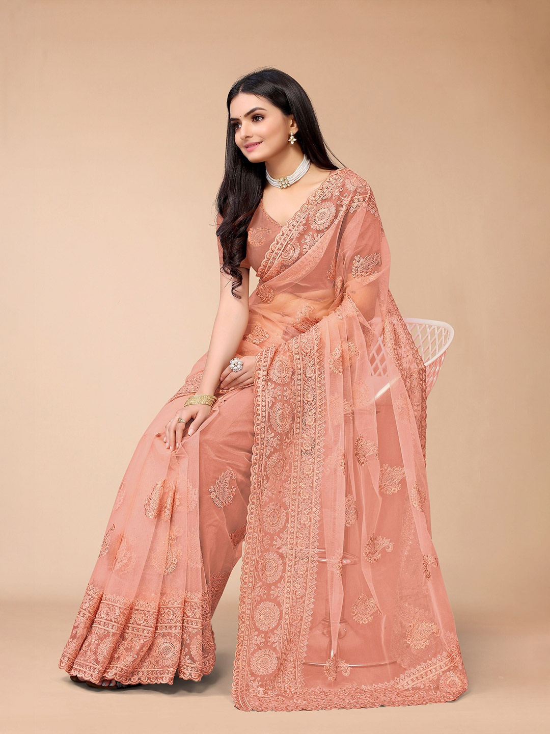 

all about you Rust Paisley Embroidered Net Saree