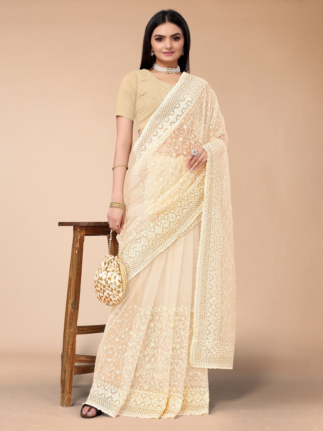 

all about you Floral Embroidered Net Saree, Beige