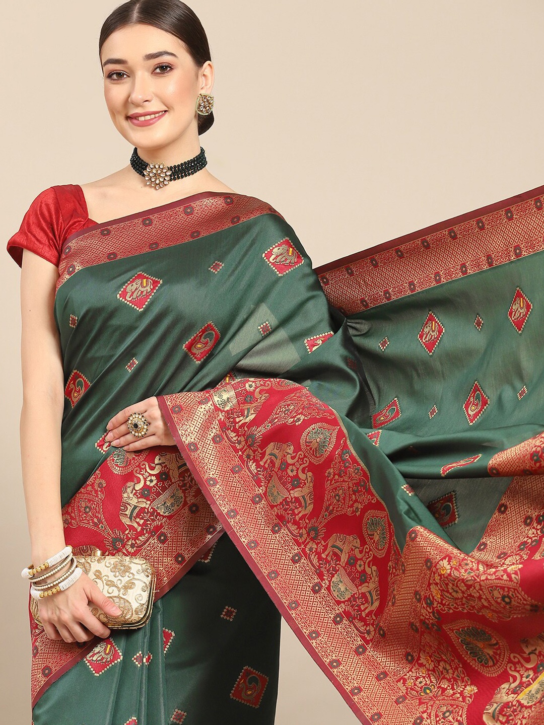 

all about you Ethnic Motifs Woven Design Zari Silk Blend Kanjeevaram Saree, Green