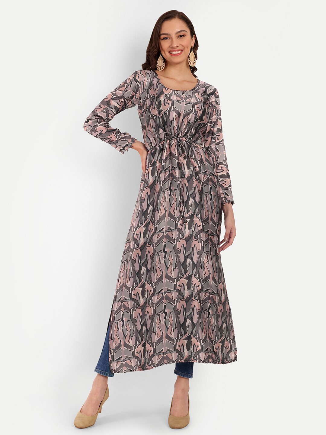 

TILISM Abstract Printed Round Neck Silk High-Slit Kurta, Grey