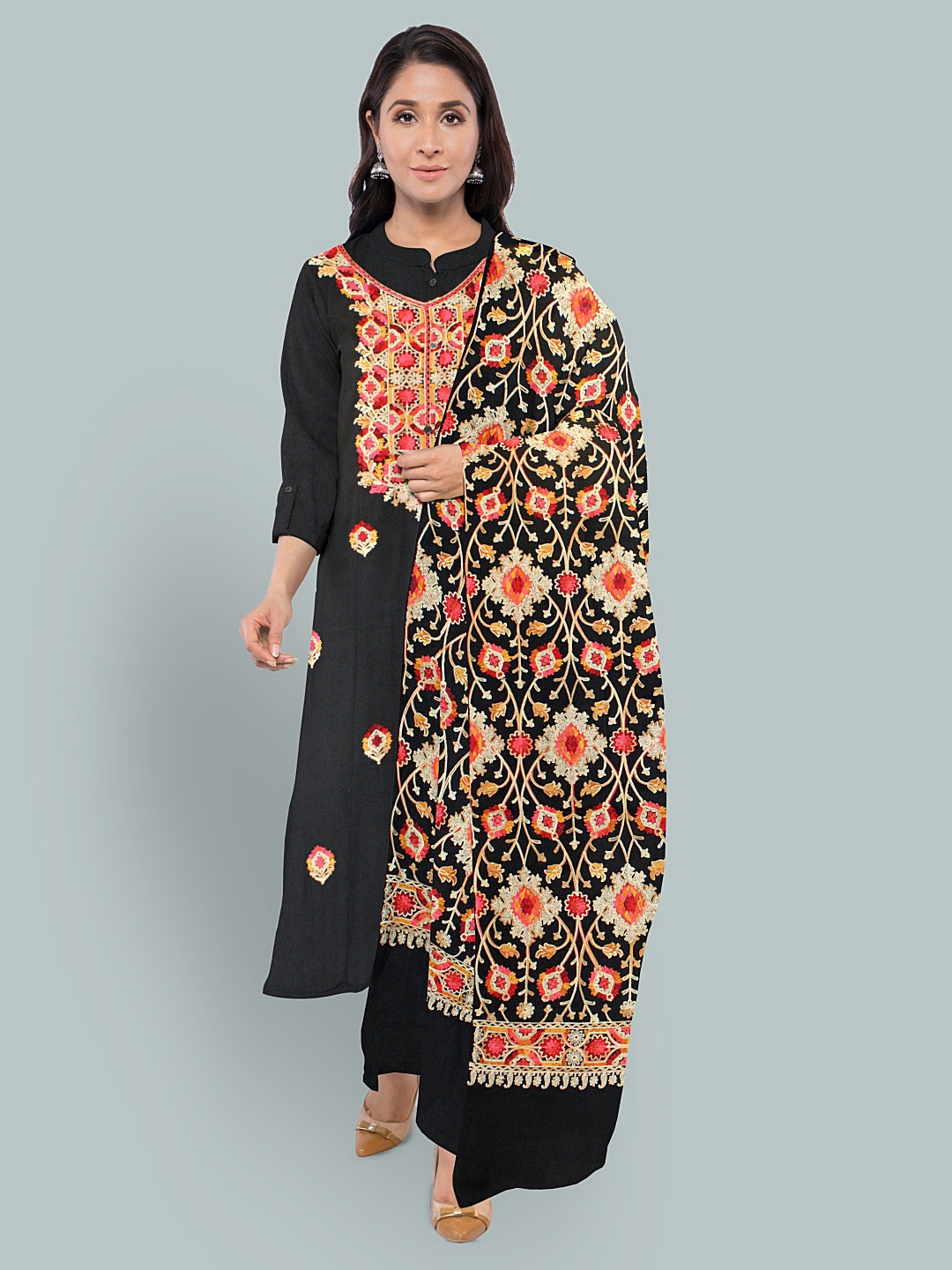 

CASMIR Embroidered Pashmina Unstitched Dress Material, Black