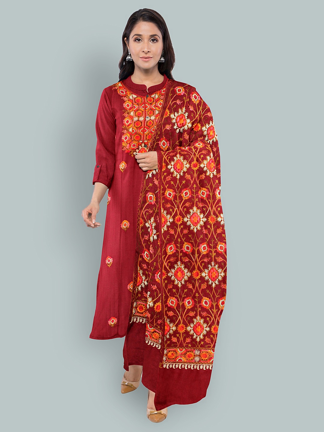 

CASMIR Ethnic Motifs Embroidered Unstitched Dress Material, Maroon