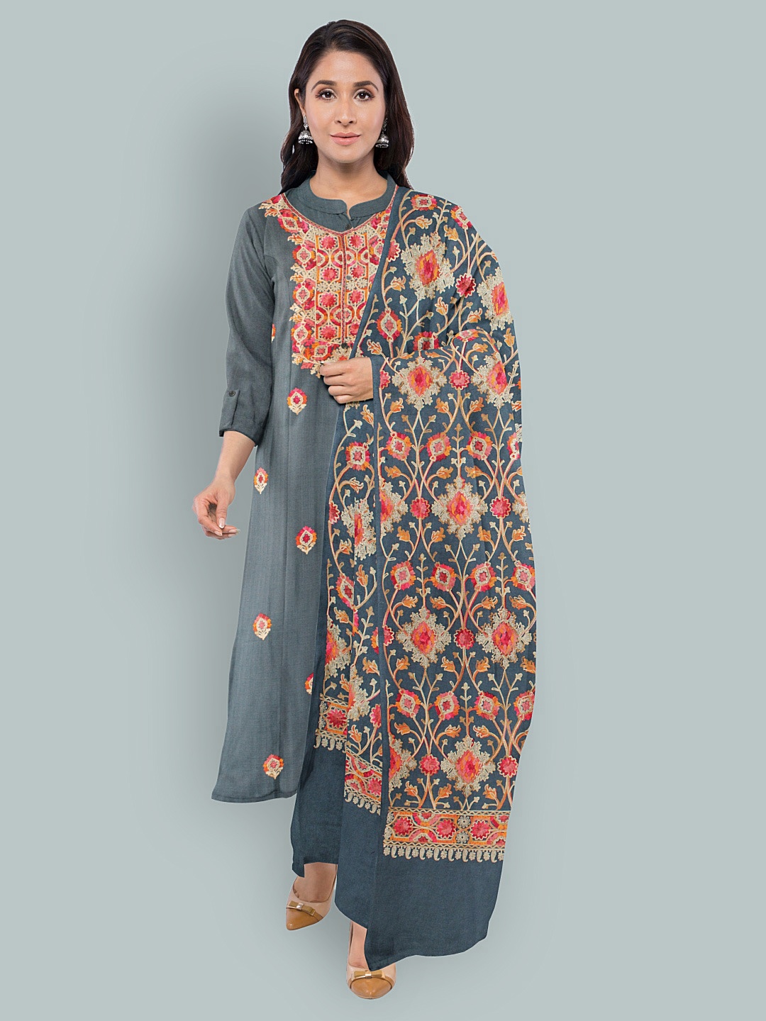 

CASMIR Ethnic Motifs Embroidered Unstitched Dress Material, Grey