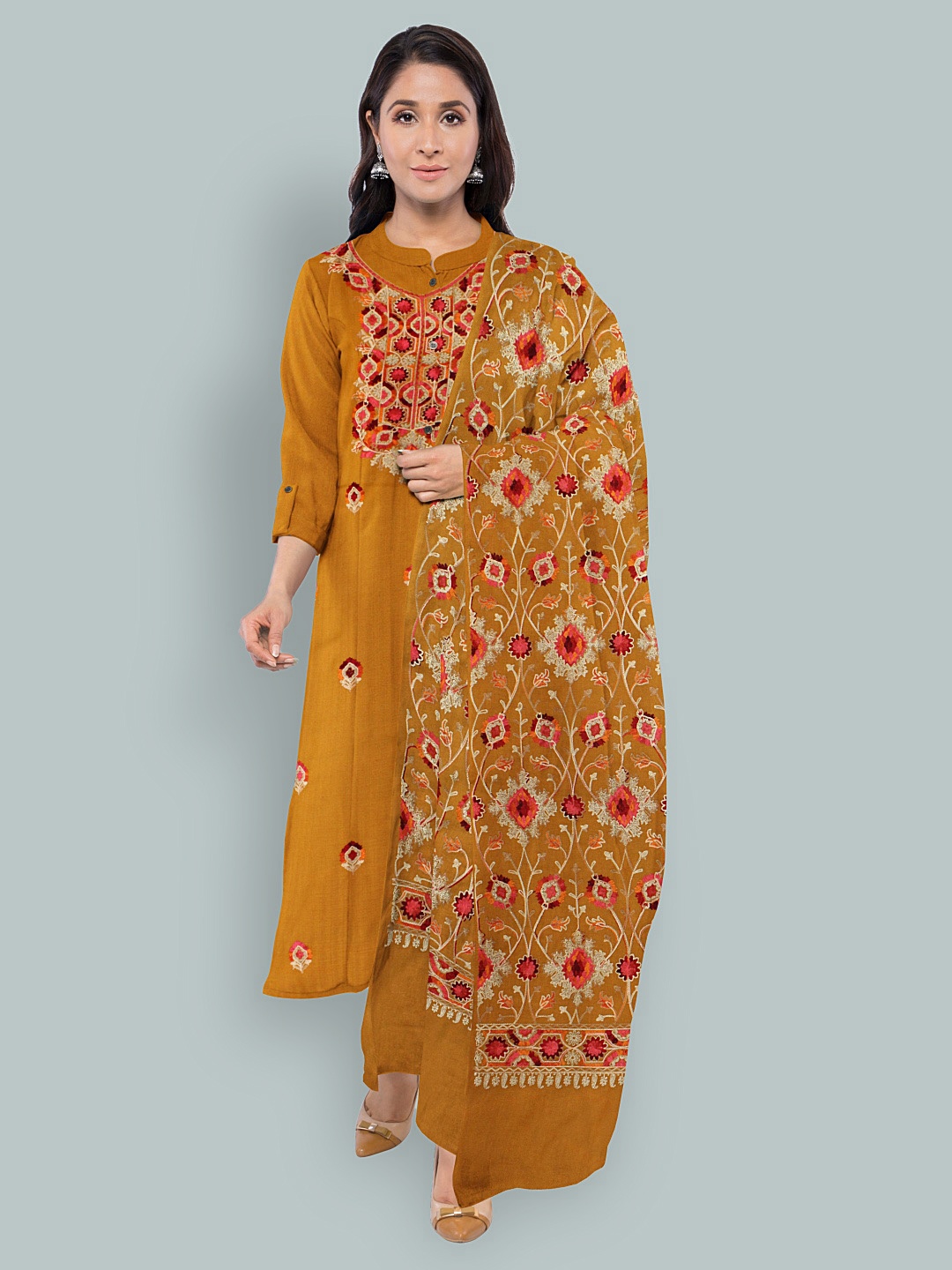 

CASMIR Ethnic Motifs Embroidered Unstitched Dress Material, Mustard