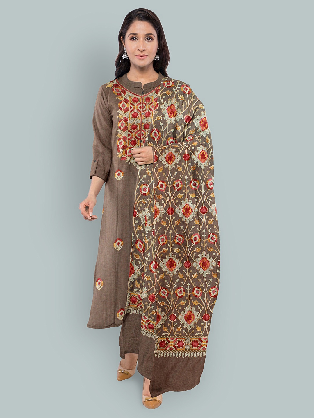 

CASMIR Ethnic Embroidered Unstitched Dress Material, Beige