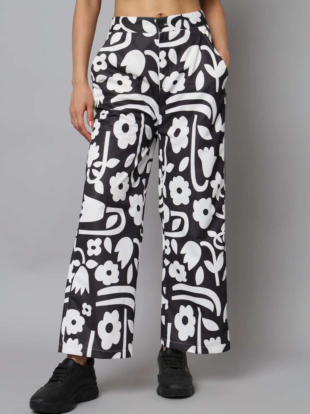 

The Dry State Women Black & White Floral Printed Straight Fit High-Rise Parallel Trousers