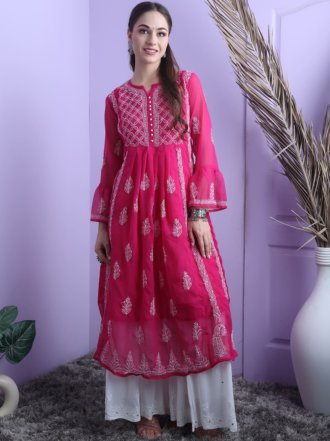 

FAWOMENT Ethnic Embroidered Bell Sleeves Thread Work Georgette A-Line Kurta, Pink