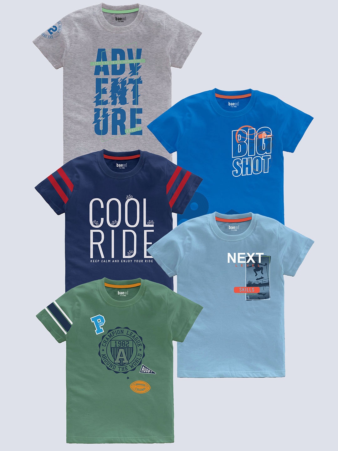 

BAESD Kids Pack Of 5 Typography Printed Cotton T-shirt, Blue