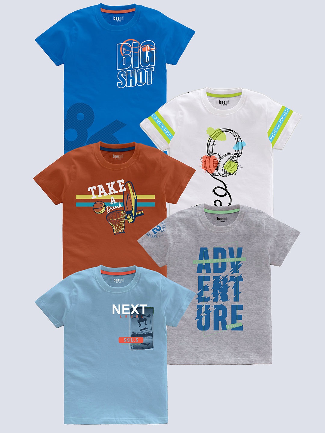 

BAESD Boys Pack Of 5 Printed Round Neck Short Sleeves Pure Cotton T-shirt, Multi