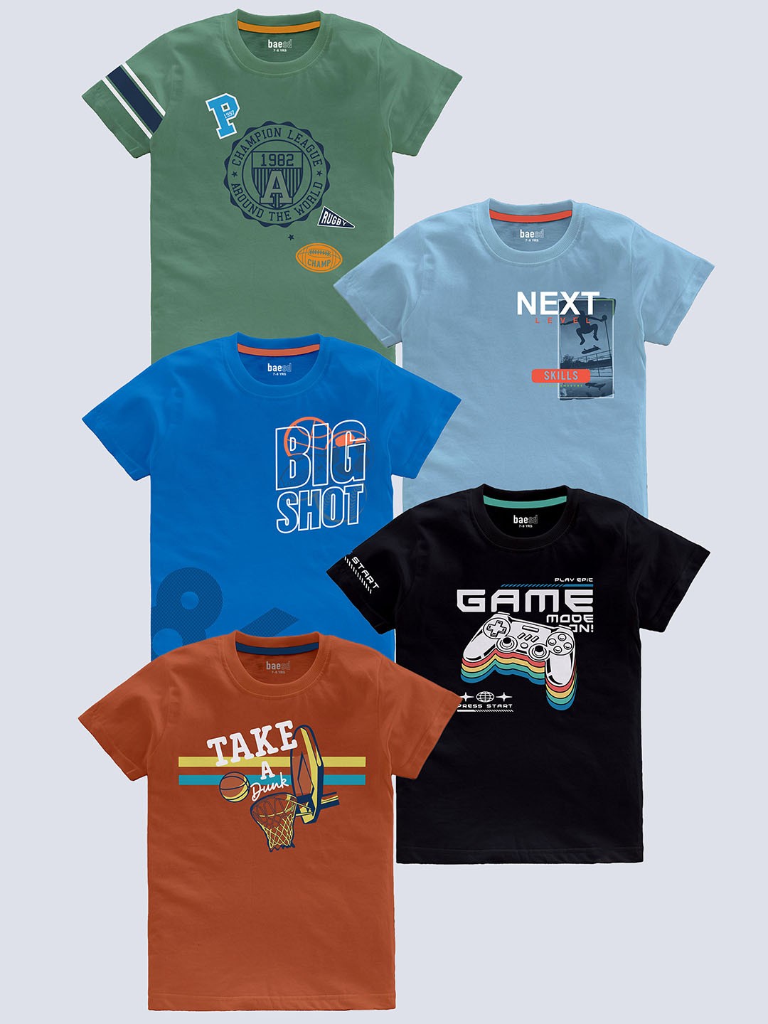 

BAESD Boys Pack Of 5 Typography Printed Pure Cotton T-shirt, Green