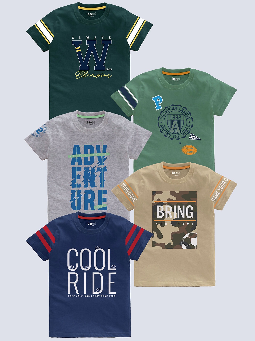

BAESD Boys Pack Of 5 Typography Printed Pure Cotton T-shirts, Green