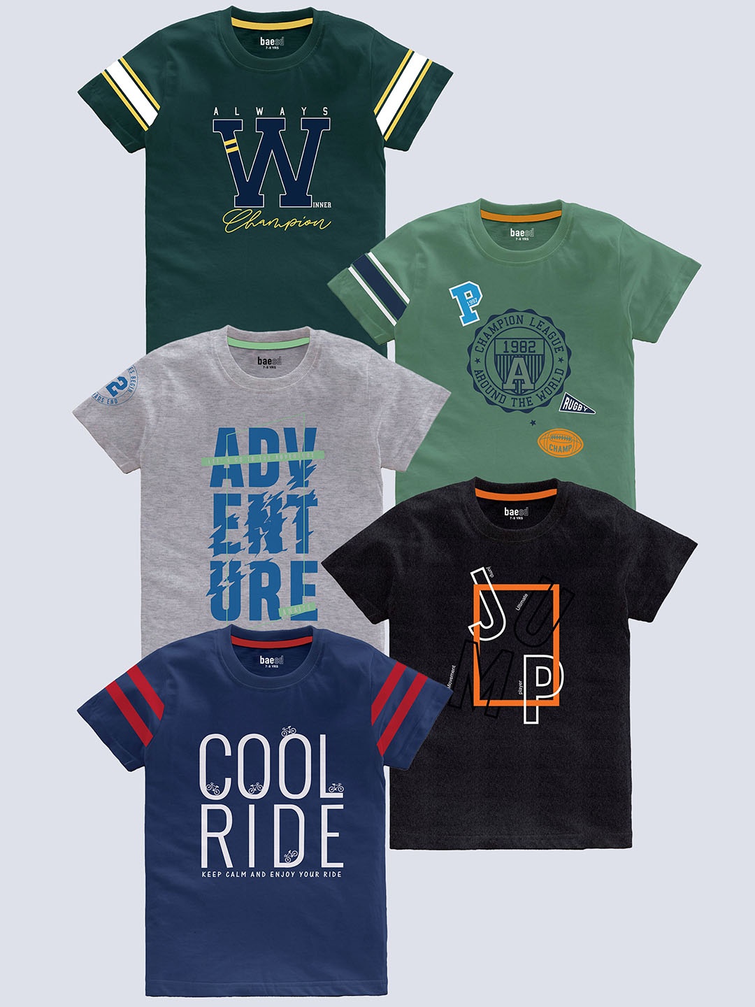 

BAESD Boys Pack Of 5 Typography Printed T-shirt, Green