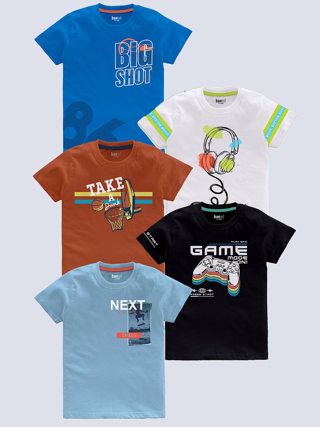 

BAESD Boys Pack Of 5 Printed Round Neck Short Sleeves Pure Cotton T-shirt, Blue