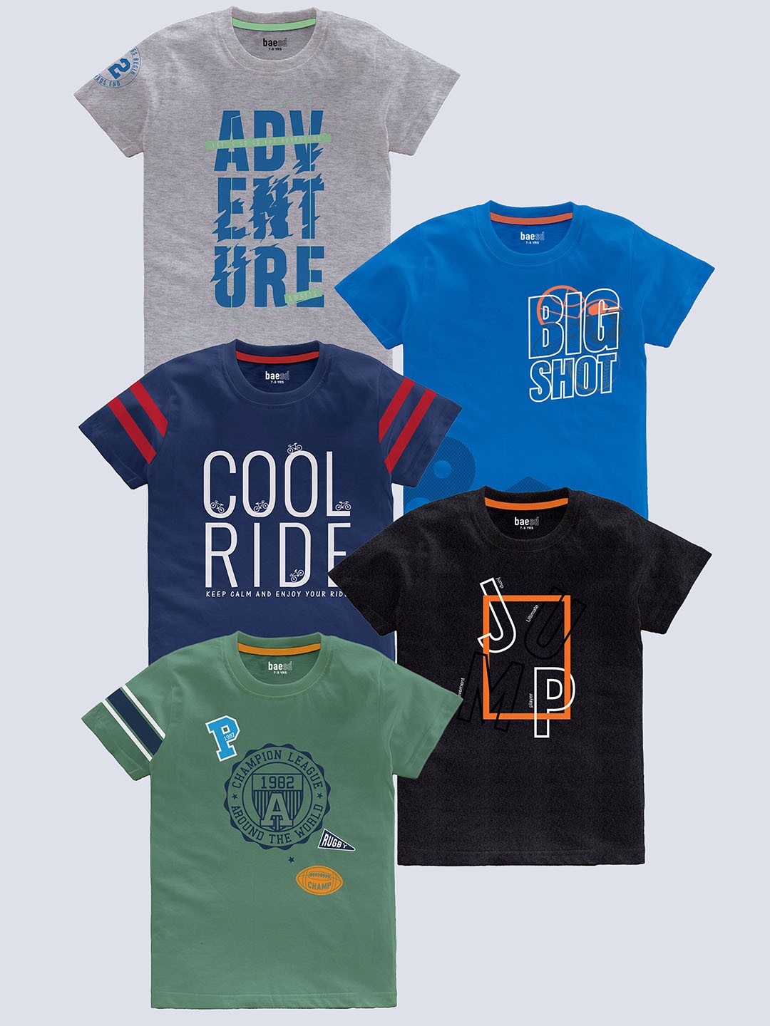 

BAESD Kids Pack Of 5 Typography Printed Cotton T-shirt, Grey