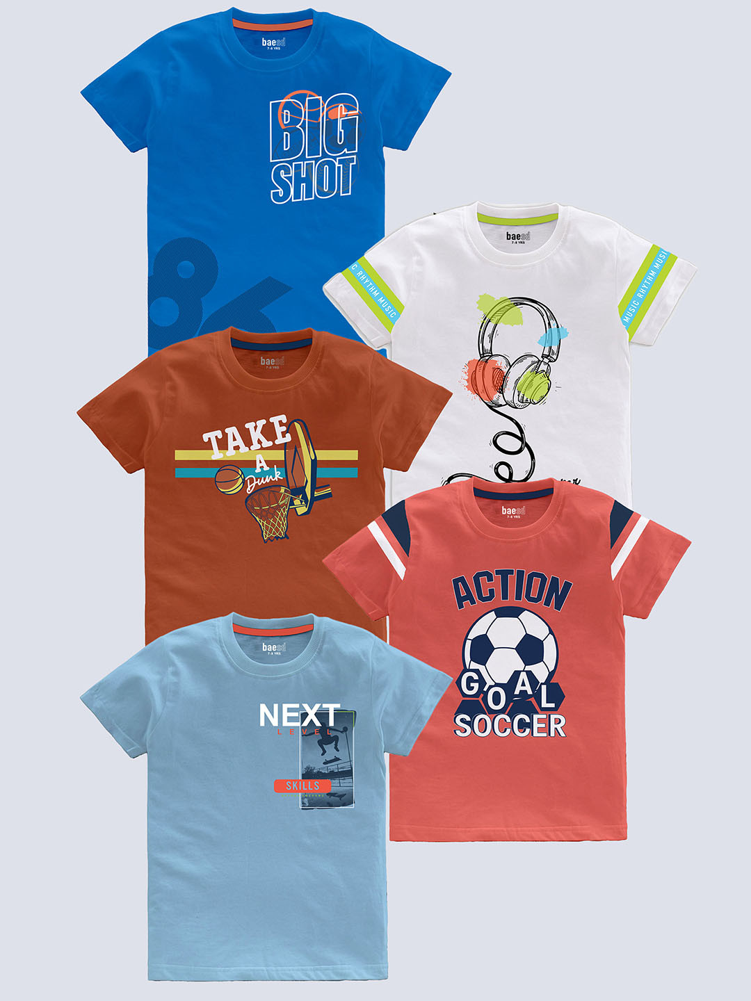 

BAESD Boys Pack Of 5 Typography Printed Pure Cotton T-shirt, Orange