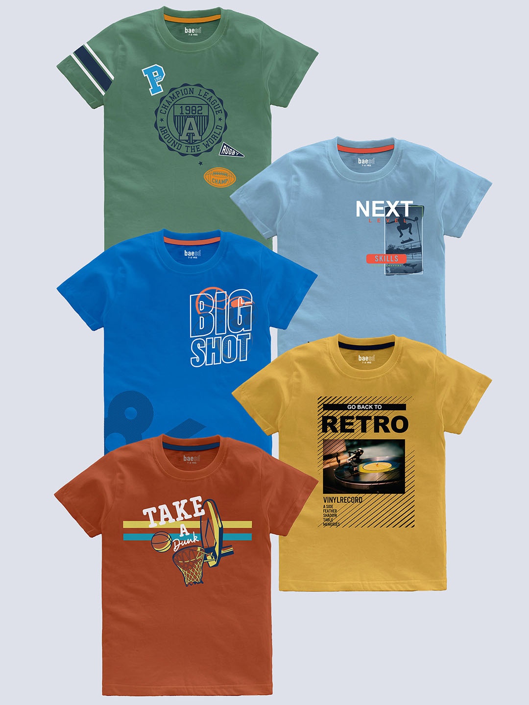 

BAESD Boys Pack Of 5 Typography Printed Pure Cotton T-shirt, Mustard
