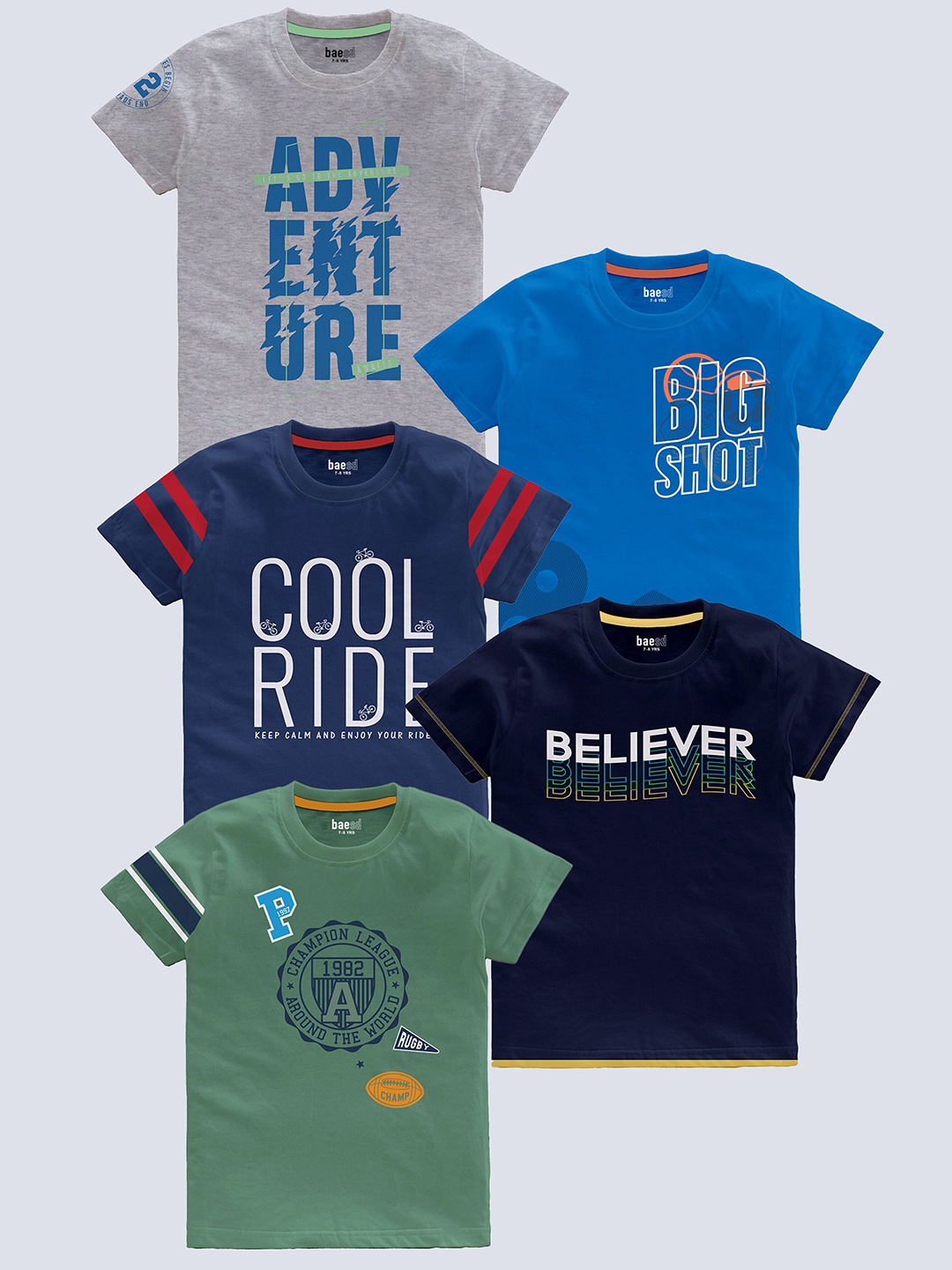

BAESD Boys Pack Of 5 Typography Printed Pure Cotton T-shirt, Blue