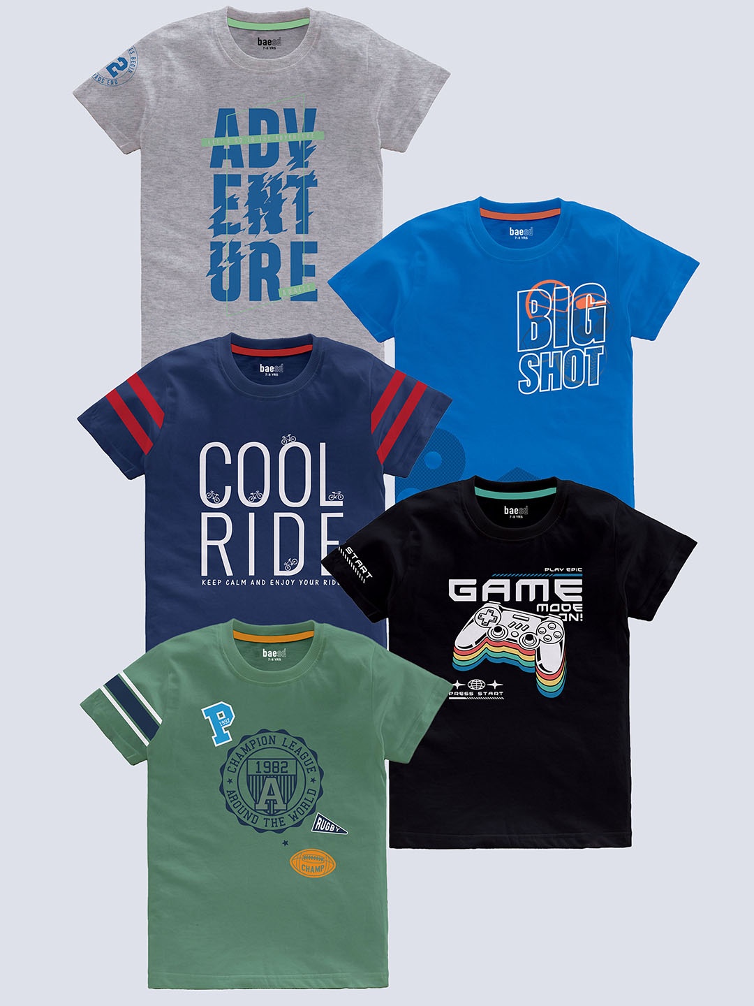 

BAESD Boys Pack Of 5 Typography Printed Pure Cotton T-shirt, Grey