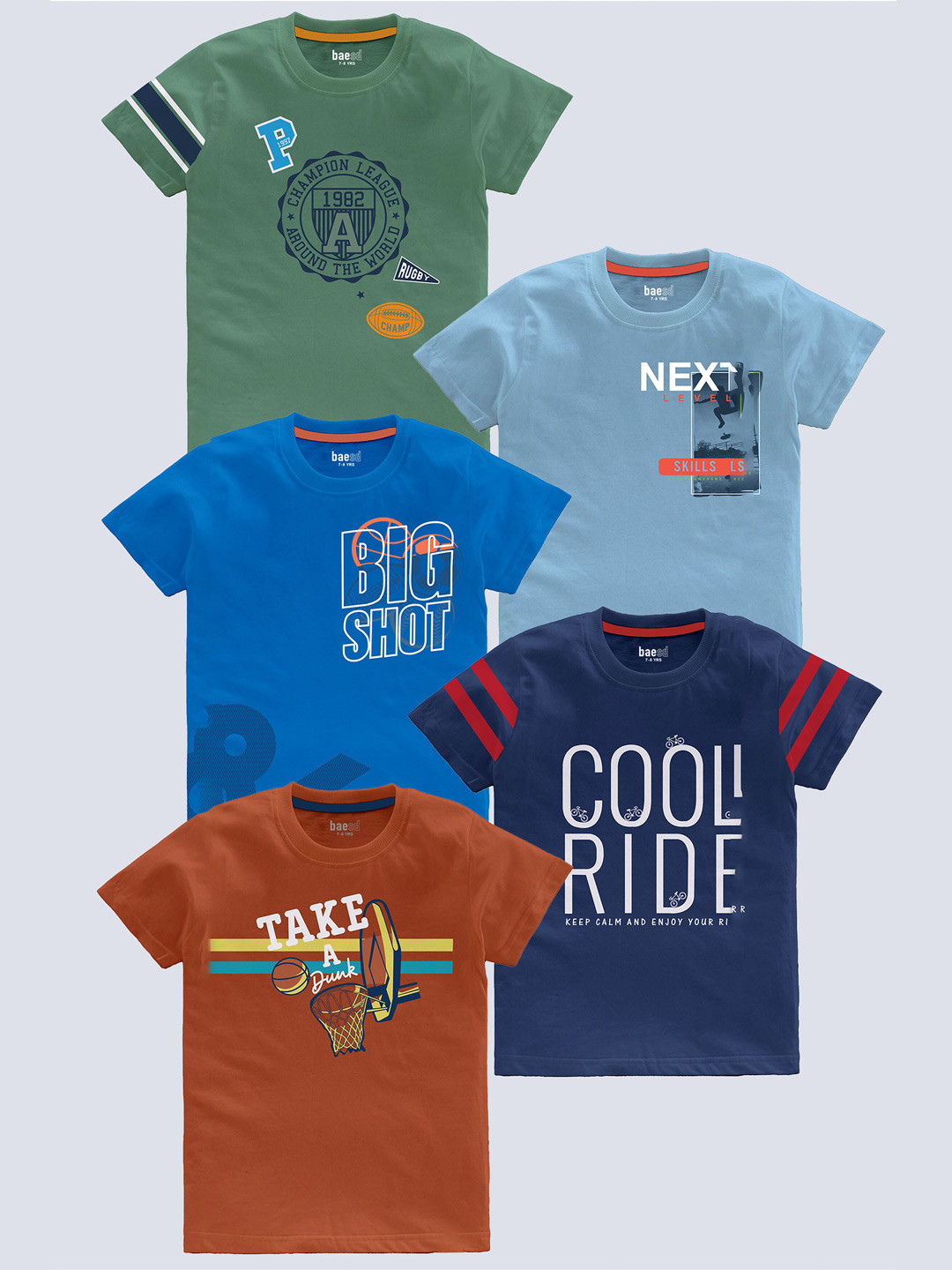 

BAESD Boys Pack Of 5 Typography Printed Pure Cotton T-shirt, Blue