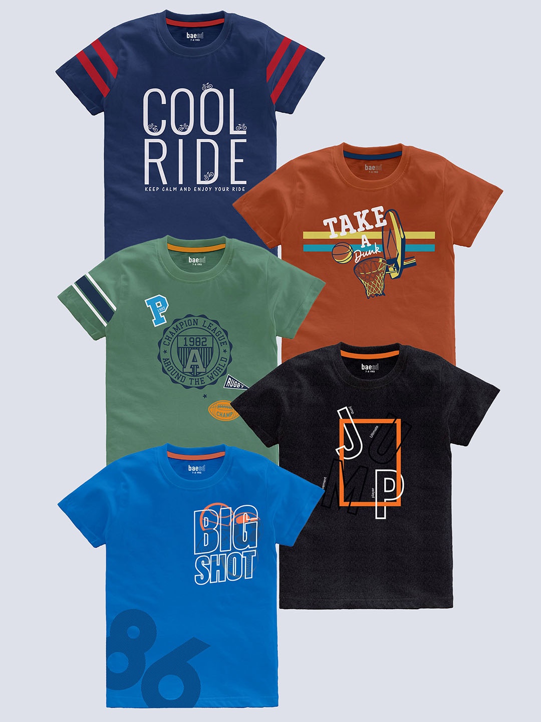 

BAESD Boys Pack Of 5 Typography Printed T-shirt, Black