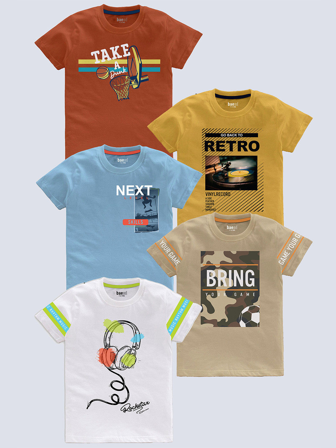 

BAESD Boys Pack Of 5 Typography Printed Pure Cotton T-shirt, Beige