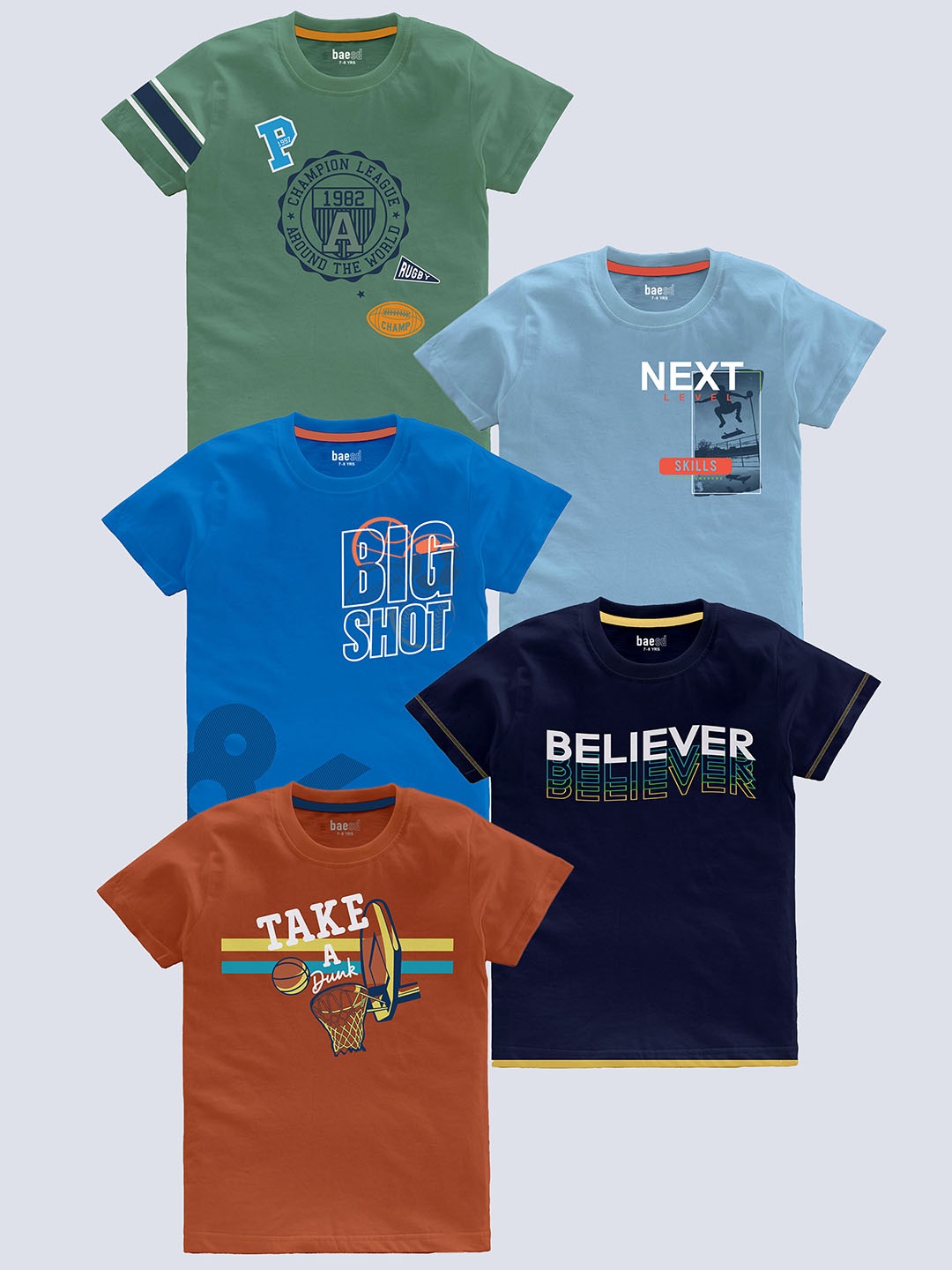 

BAESD Boys Pack Of 5 Typography Printed Pure Cotton T-shirt, Green