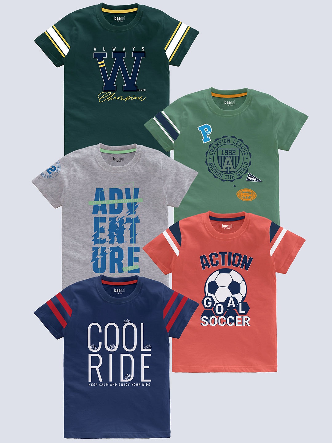 

BAESD Boys Pack Of 5 Typography Printed Pure Cotton T-shirt, Green